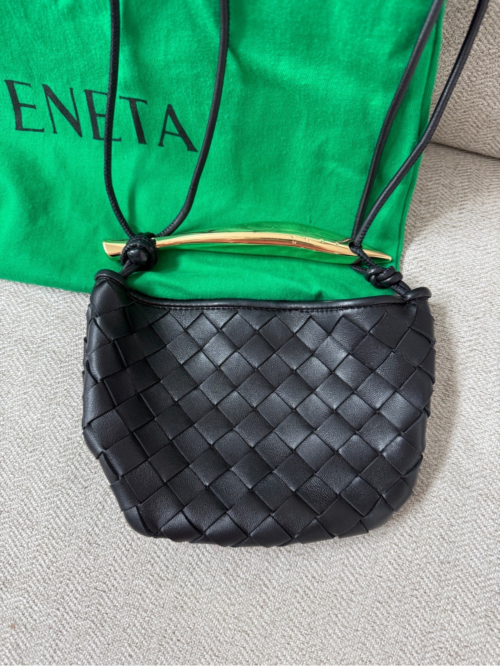 Bottega Veneta Mini Baby Sardine Black Woven Leather Bag with Gold Handle